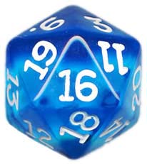 A clear blue 20-sided die.