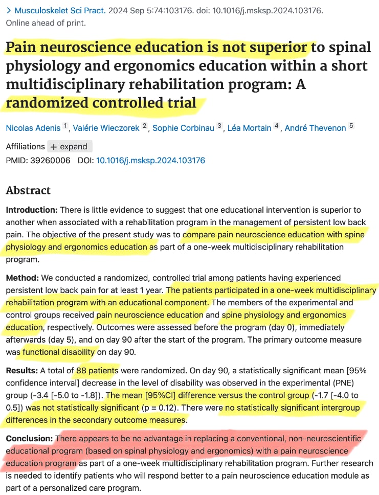 Screenshot of a scientific paper abstract for Adenis et al. 2024, highlight several sentences, most notably in the conclusion: “There appears to be no advantage in replacing a conventional, non-neuroscientific educational program (based on spinal physiology and ergonomics) with a pain neuroscience education program…”