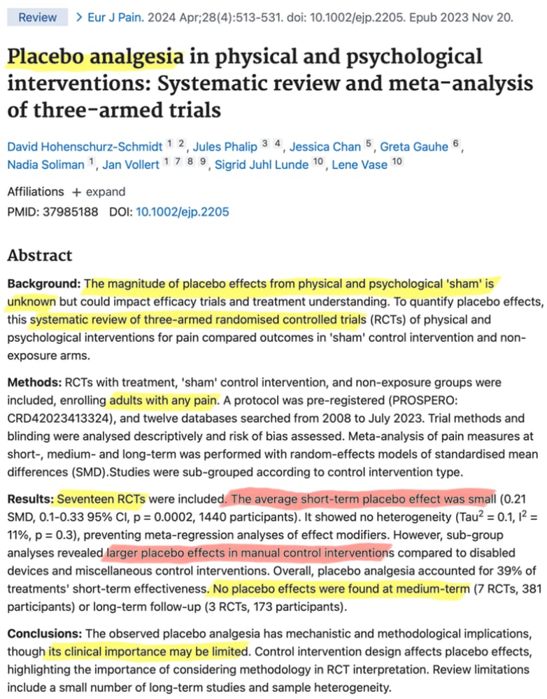 Screenshot of the abstract of Hohenschurz-Schmidt et al., highlight several phrases, most notably “The average short-term placebo effect was small” and “sub-group analyses revealed larger placebo effects in manual control interventions compared to disabled devices and miscellaneous control interventions.”