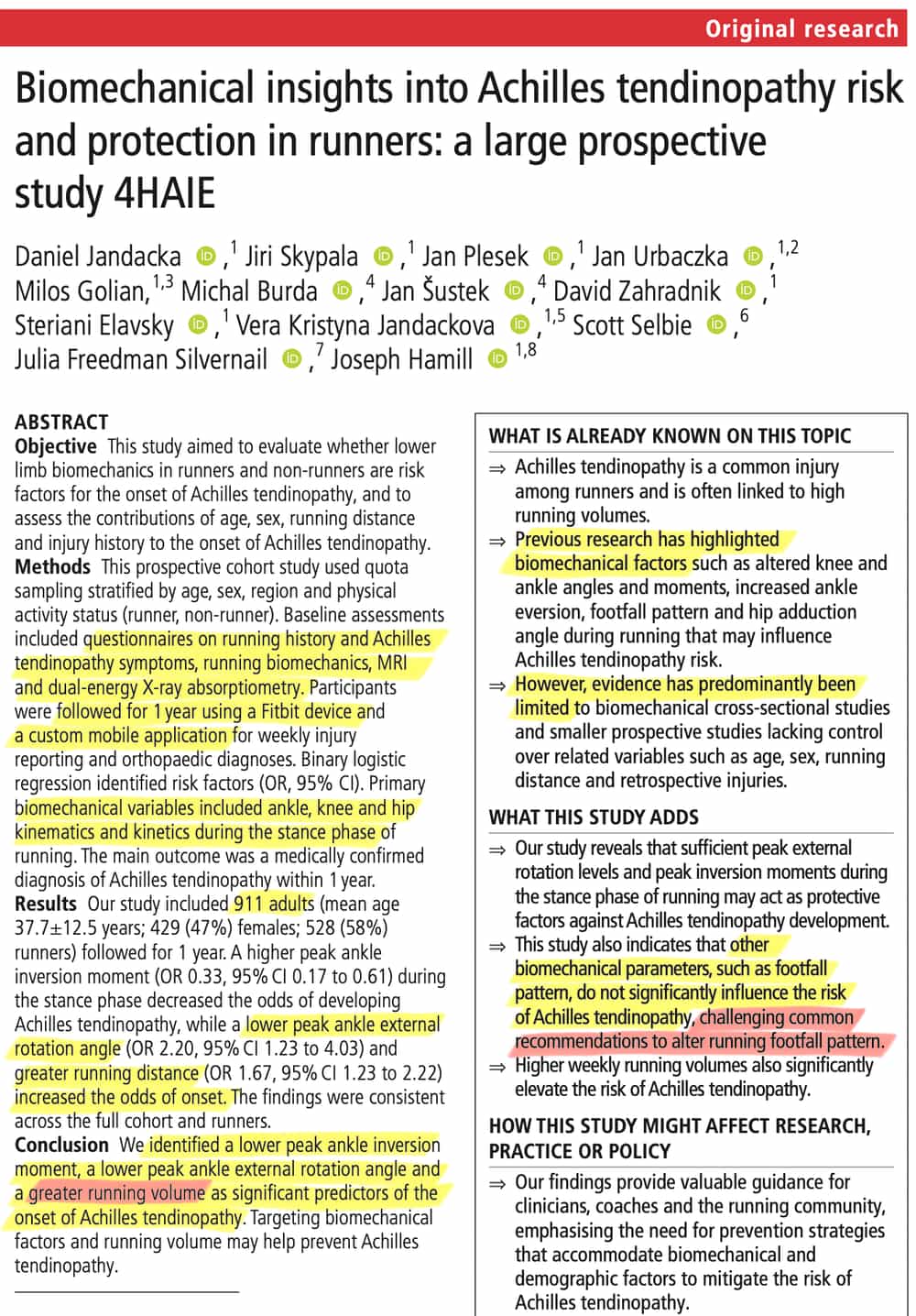 Screenshot of the first page of the full-text PDF for Jandacka et al. with highlighting. It’s too much text for here, but some of the key phrases highlighted: “followed for 1 year using a Fitbit device and a custom mobile application” … “biomechanical variables included ankle, knee and hip kinematics and kinetics during the stance phase” … “identified a lower peak ankle inversion moment, a lower peak ankle external rotation angle and a greater running volume as significant predictors of the onset of Achilles tendinopathy” … “Previous research has highlighted biomechanical factors… however, evidence has predominantly been limited” … “other biomechanical parameters, such as footfall pattern, do not significantly influence the risk of Achilles tendinopathy, challenging common recommendations to alter running footfall pattern.”