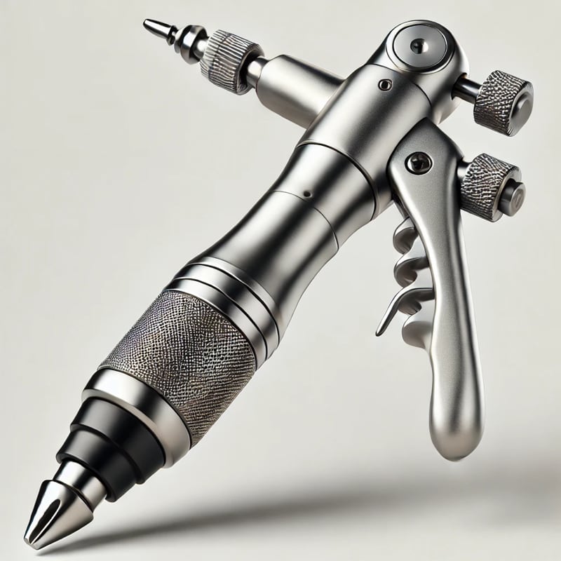 A highly stylized and surreal tool or device, resembling a fusion of a drill, a corkscrew, and a medical or industrial instrument. It has a metallic finish with detailed textures and intricate knobs and components. It only vaguely resembles a chiropractic “activator” device.