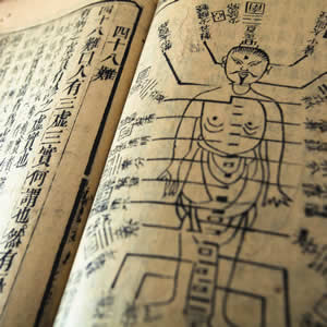 A close-up photograph of an ancient Chinese medical text, likely a traditional acupuncture or meridian chart. The right page features a hand-drawn anatomical diagram of a human figure with lines and labels extending to various points on the body and head, illustrating acupuncture points or energy channels. The left page contains vertical columns of Chinese characters in classic calligraphic style. The aged paper has a yellowed, textured appearance, giving the impression of historical significance and cultural heritage in traditional Chinese medicine.