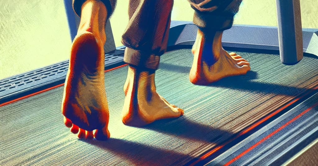 Oil painting of a close-up of three bare feet (yes, three, not two) walking on a treadmill. The extra leg is suspiciously suggestive of AI image generation.