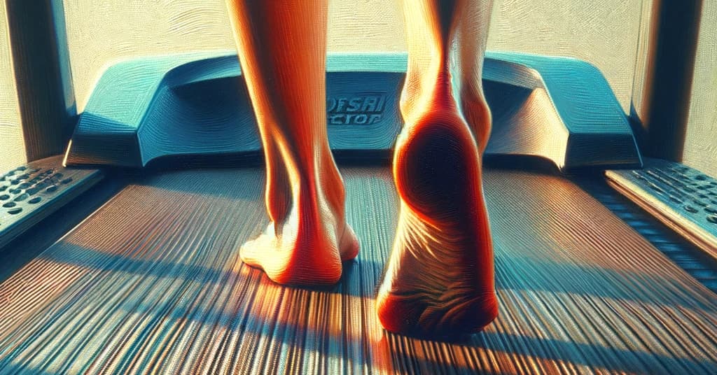 A stylized representation of a woman’s toned lower legs and bare feet, walking on a treadmill. The artistic filter applied to the photo gives it a vibrant, almost painted quality, with enhanced edges and bright, contrasting colors. The calves are toned. The background is neutral, with light filtering through a window, suggesting an indoor exercise environment.