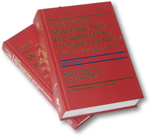Photograph of the covers of the “big red books,” the massive 2-volume textbook set, Myofascial Pain and Dysfunction: The Trigger Point manual, by Janet Travell and David Simons.