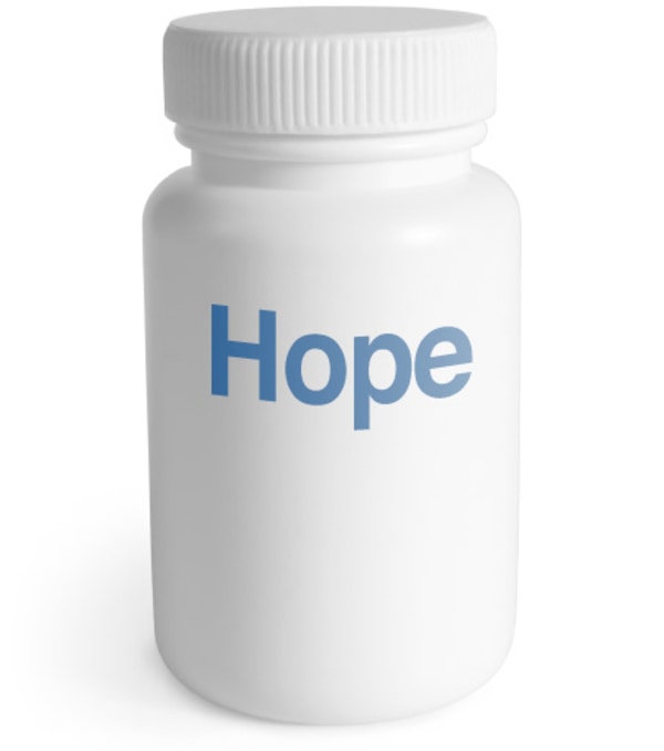 Photograph of a plain white bottle with the word “hope” on it, representing false hope and/or placebo.