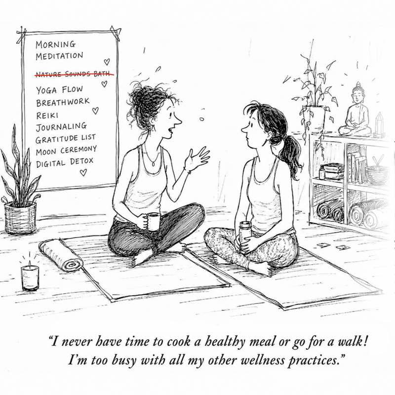 Black-and-white single-panel cartoon in a loose, sketchy pen-and-ink style. Two women sit cross-legged on yoga mats in a simple wellness studio, facing each other and chatting. The woman on the left looks slightly frazzled, with messy hair, motion lines, and one hand raised as she talks while holding a mug in the other hand. The woman on the right listens calmly, holding a water bottle. Around them are a candle, potted plants, rolled mats, shelves with books and bowls, and a small Buddha statue. A wall poster lists numerous wellness activities — morning meditation, yoga flow, breathwork, reiki, journaling, gratitude list, moon ceremony, and digital detox — with “nature sounds bath” struck through in red. Caption below: “I never have time to cook a healthy meal or go for a walk! I’m too busy with all my other wellness practices.”