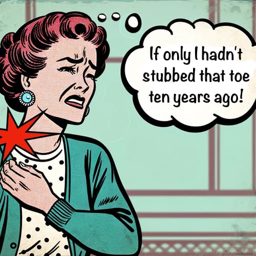 A vintage pop-art style cartoon of a distressed woman clutching her chest, with a red burst symbol showing pain. She wears a teal sweater, polka-dot blouse, and turquoise earrings. A thought bubble reads, “If only I hadn’t stubbed that toe ten years ago!” — satirizing the idea of distant minor injuries being blamed for chronic pain.