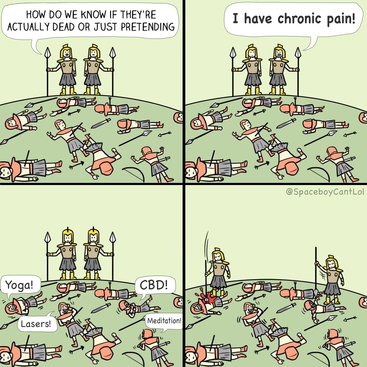 Comic strip, 4 panels, all featuring two ancient soldiers standing up, and several more lying on the ground in front of them, seemingly dead. Panel one: one live soldier asks, “How do we know if they’re actually dead or just pretending?” Second panel, the other soldier shouts: “I have chronic pain!” Third panel: four of the seemingly dead soldiers speak up, saying “Yoga!” “CBD!” “Lasers!” “Meditation!” In the fourth panel, the two live soldiers proceed to finish off the soldiers who revealed themselves as just pretending.