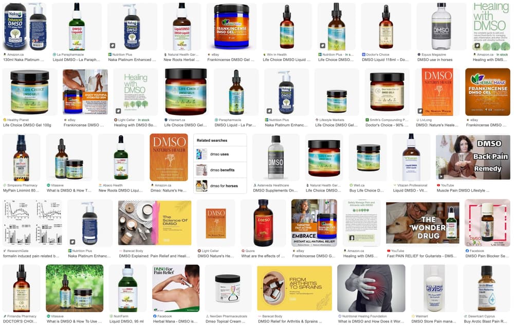 A large screenshot of Google Image search results for DMSO, showing mostly jars and bottles of DMSO liquids and gels, a couple book covers, etc.