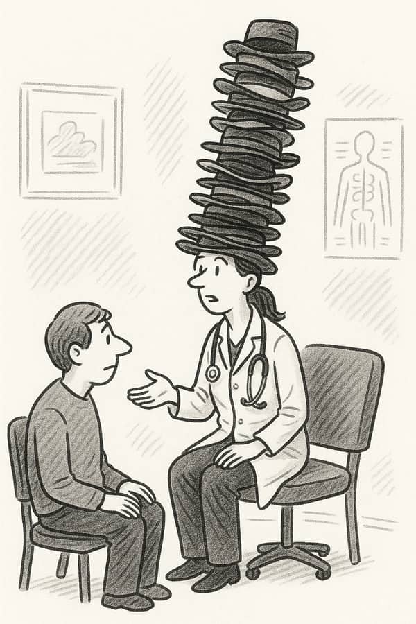 A black-and-white pen-and-ink cartoon in the style of a New Yorker illustration shows a female doctor (or other healthcare professional) wearing a comically tall stack of hats while talking to a seated patient. The doctor gestures earnestly, stethoscope around her neck, as the patient listens, wide-eyed. The absurd pile of hats towers nearly to the ceiling, highlighting the visual gag about “wearing too many hats.”