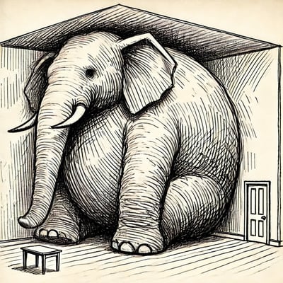 Illustration of an elephant filling a small room.