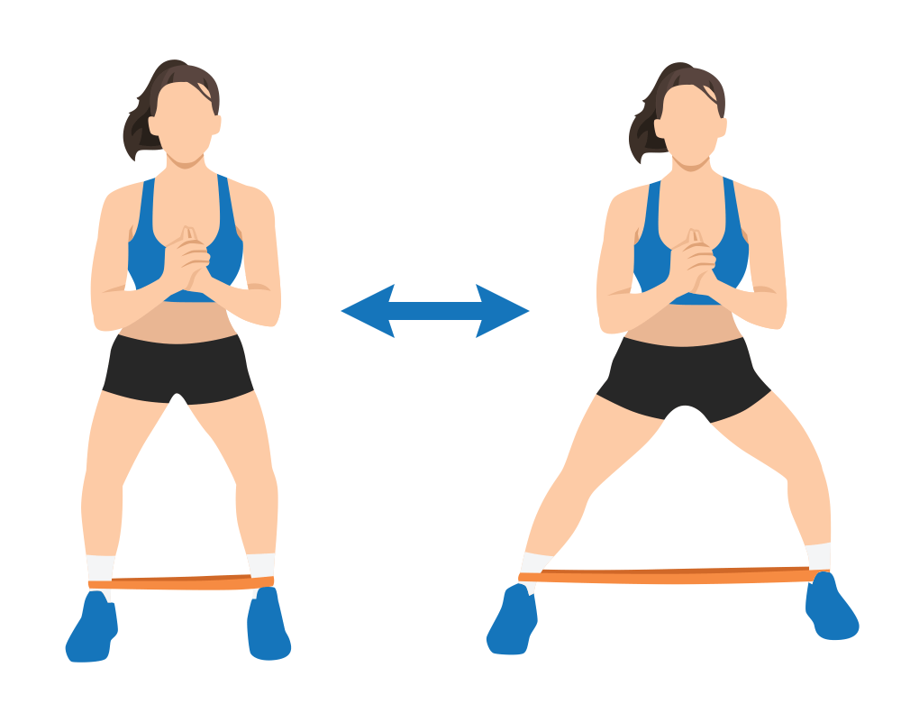 Simple graphic illustration of a woman in two positions, with an elastic exercise band around her ankles. An double-headed arrow indicates that the exercise alternates between positions. In the first position, her legs are closer together. In the other, further apart. featured