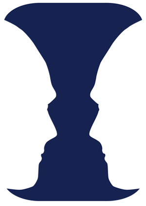 A famous optical illusion known as the Rubin vase or “face-vase” illusion. The central dark blue shape resembles a symmetrical vase or goblet, while the negative white space on either side forms the profiles of two human faces looking at each other. The image demonstrates figure-ground perception, where viewers can alternate between seeing the vase as the main subject or the two faces, but not both simultaneously.