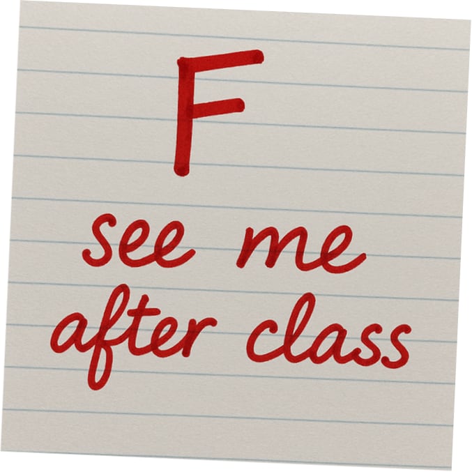 An image of a letter grade of “F” written in bold red ink on lined paper, followed by the phrase “see me after class,” in a schoolteacher’s good quality handwriting.