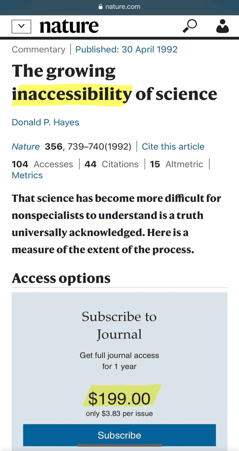 Screenshot of ironically expensive paywall for a scientific article titled “The growing ininaccessibility of science.”