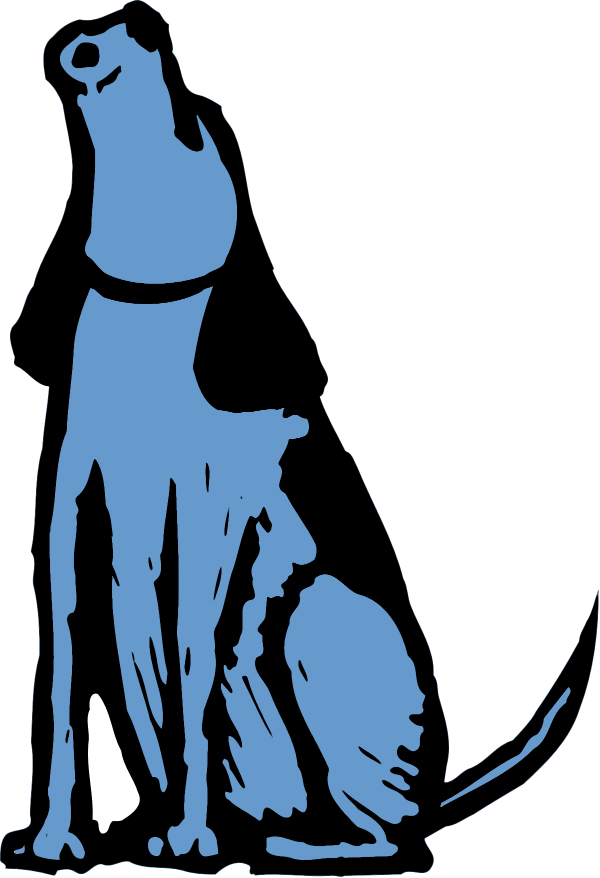 Whimsical illustration of a blue dog howling beside a tree, representing “barking up the wrong tree.”