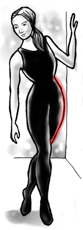 Illustration of a woman doing a conventional IT band stretch, tucking her left leg behind her right and pushing her left hip outward.