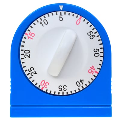 Photo of the front of bright blue kitchen timer isolated on white.