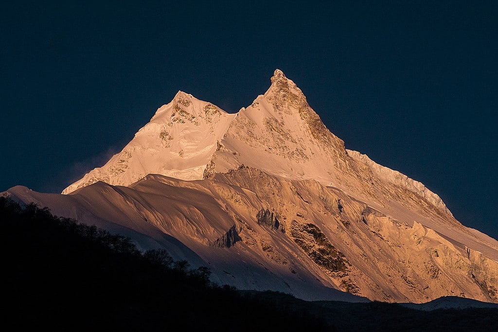 The morning view of Manaslu, 8th highest peak in the world, from Samagaon village.