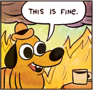 The “this is fine” meme: a cartoon dog seated and drinking a beverage from a mug while surrounded by flames and smoke.