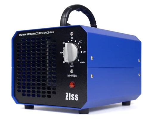 Product photo of a Ziss ozone generator, a bright blue metal box about the size of a bike helmet, with black front panel, a dial, a grill, and a red power light.
