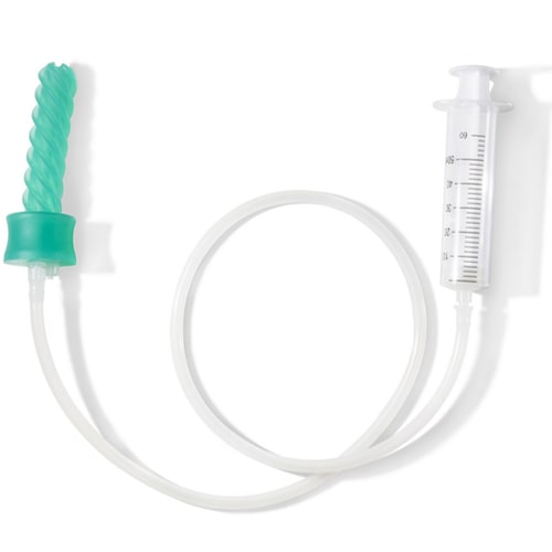 Product photo of a vaginal insufflation kit, isolated on white. It consists of a light green rubber tip about 8cm long for insertion into the vagina, connected by a thin tube to a syringe with volume markers on it.