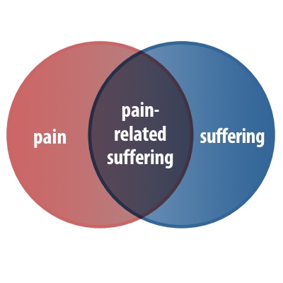 A Venn diagram showing two overlapping circles labeled “pain” on the left and “suffering” on the right, with the overlapping area labeled “pain-related suffering.” The caption reads “Pain & Suffering: Related but Distinct,” illustrating that pain and suffering often overlap but can also occur independently.