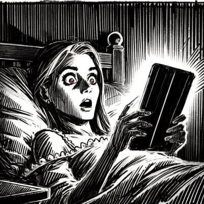 A sketchy, loose-style illustration showing a woman lying in bed at night in a dimly lit room. Her wide, rapt or horrified eyes are illuminated by the bright glow of an iPad she is holding, which contrasts sharply with the surrounding darkness. The details are minimal, with rough, expressive lines suggesting the outline of the bed, rumpled blankets, and a faint bedside table. The focus is on her intense expression and the stark lighting from the device.