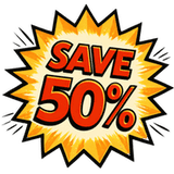 Marketing badge in the style of a 1950s graphic design reading “Save 50%!”