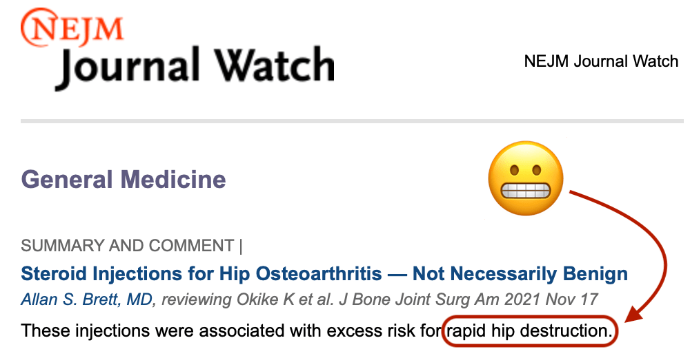 Screenshot of NEJM Journal Watch summary with highlighted text: "These injections were associated with excess risk for rapid hip destruction.