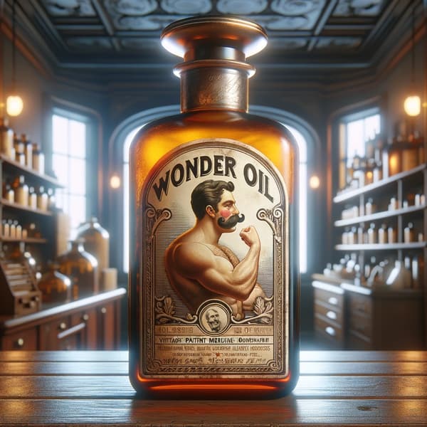A vintage-style amber glass bottle with a label that reads “WONDER OIL,” featuring an illustration of a shirtless muscular man with a handlebar mustache and a classic strongman pose, flexing his muscles with a proud expression. The design elements of the label have ornate detailing, common in early 20th-century product advertisements. The bottle has a round stopper and is on a shelf in the foreground. In the background, shelves stocked with similar bottles and jars, suggesting an apothecary or old-fashioned pharmacy setting.