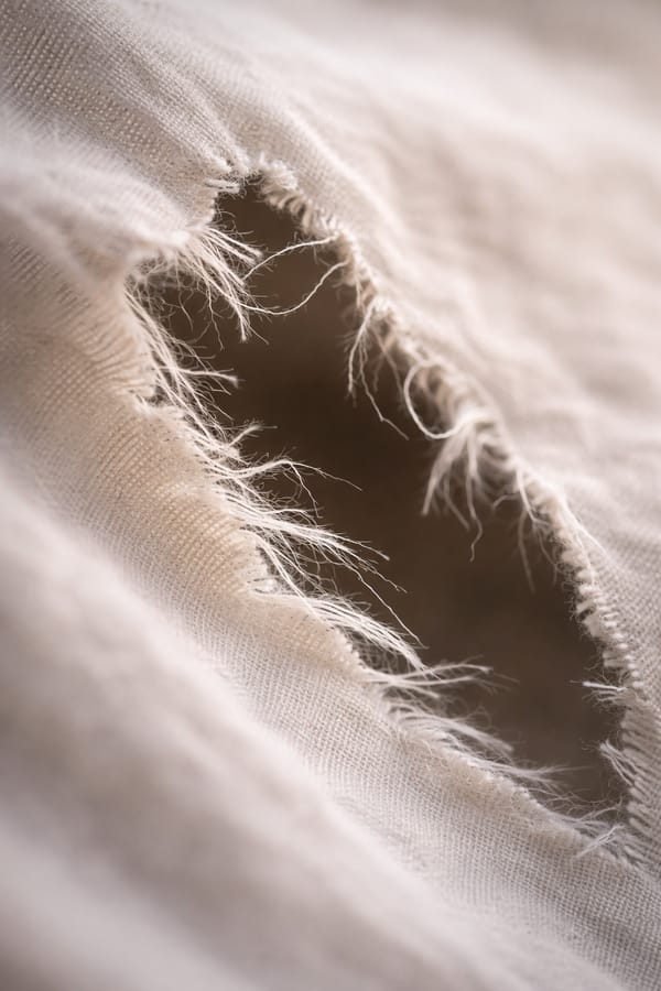 A close-up macro photograph of a ragged tear in beige linen fabric, with individual threads visibly frayed and splaying outward from the dark opening, captured with shallow depth of field that softly blurs the woven texture in the background while emphasizing the delicate, wispy fibers catching warm natural light along the edges of the damage.