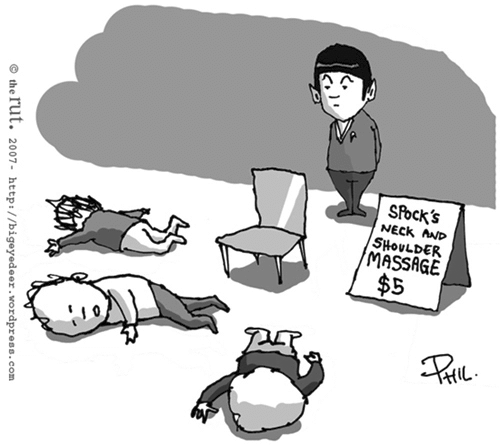 Illustration of Spock from Star Trek standing behind a chair, surrounded by three unconscious people. There’s a sign that reads: “Spock’s neck and shoulder massage, $5.”