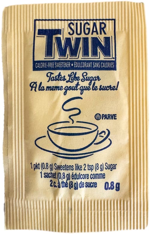 Photo of a bright yellow paper packet of Sugar Twin, a Canadian “calorie-free sweeteners.”