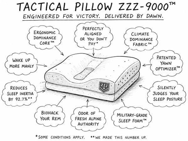 Satirical black-and-white advertisement for the “Tactical Pillow ZZZ-9000,” drawn in a vintage comic style, with the slogan “Engineered for victory. Delivered by dawn.” Cloud-shaped callouts tout absurd features: “Ergonomic Dominance Core,” “Perfectly aligned or you don’t pay,” “Climate Dominance Fabric,” “Patented Yawn Optimizer,” “Wake up more manly,” “Silently judges your sleep posture,” “Military-grade sleep foam,” and “Reduces sleep inertia by 92.7%” — with fine print confessing “we made this number up.”