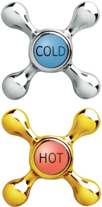 Photograph of vintage water faucets labelled hot and cold, representing cryotherapy and thermotherapy.