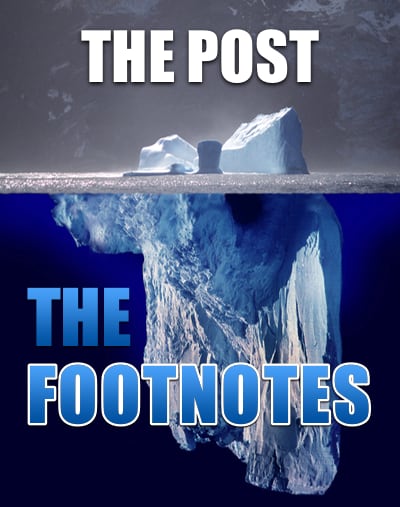 An image that visually represents the metaphor of an iceberg, where the tip (labeled “THE POST”) is what people immediately see, while the much larger portion beneath the surface (labeled “THE FOOTNOTES”) represents the hidden depth, research, and additional information supporting the post.