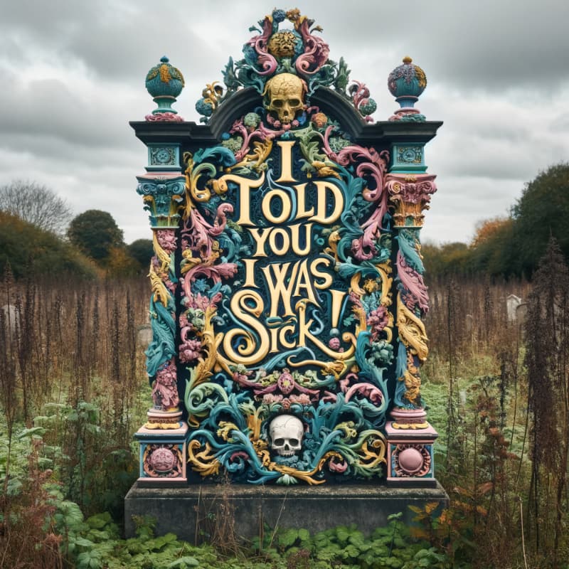 This unusual, colourful image of a tombstone shows a large, elaborate baroque-style grave marker with a humorous and ironic epitaph in a large font like a movie poster title: "I told you I was sick!" The tombstone is intricately carved with a rich array of brightly coloured decorations. At the top, a golden skull with dark eye sockets sits prominently, flanked by ornate swirls and flourishes in vibrant teal and pink and yellow. The base of the tombstone features more ornamental elements, including round medallions and twisted columns, adding to the grandeur of the monument. The tombstone is in a wild, unkempt field with tall weeds and brush, under a cloudy sky.