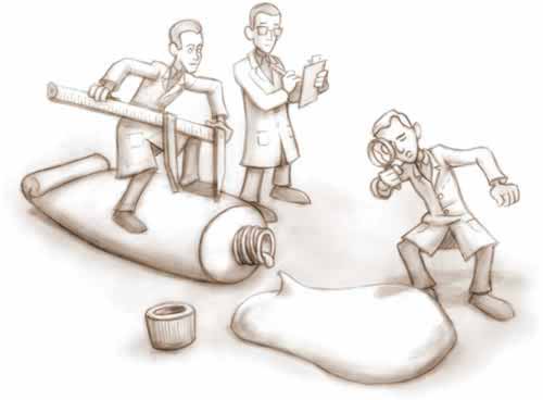 Funny drawing of three scientists examining a huge tube of Traumeel or arnica cream.