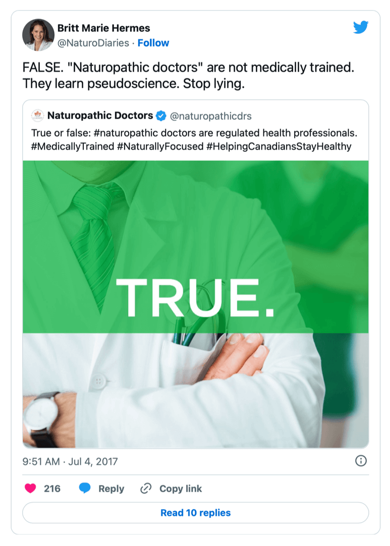 Screenshot of a tweet from Britt Marie Hermes (@naturodiaries) replying to the question: “True or false: #naturopathic doctors are regulated health professionals.” Her response reads: “FALSE. ”Naturopathic doctors“ are not medically trained. They learn pseudoscience. Stop lying.”