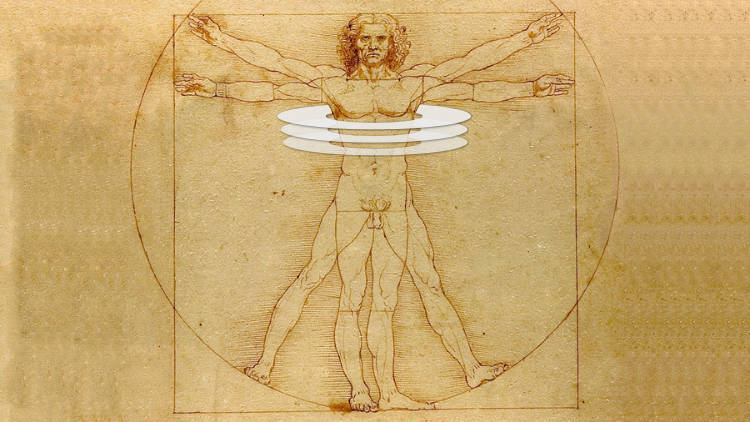 da Vinci’s Vitruvian man with superimposed graphics of rings around the rib cage.