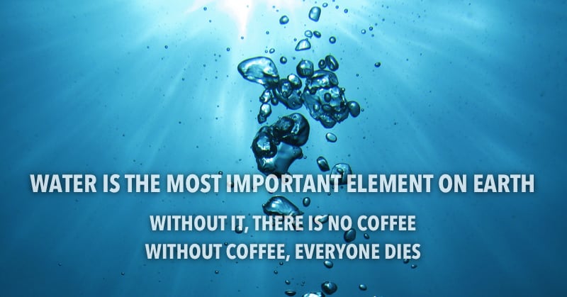 Underwater photo of bubbles and sunnbeams, with the caption: "Water is the most important element on earth. Without it, there is no coffee. Without coffee, everyone dies.