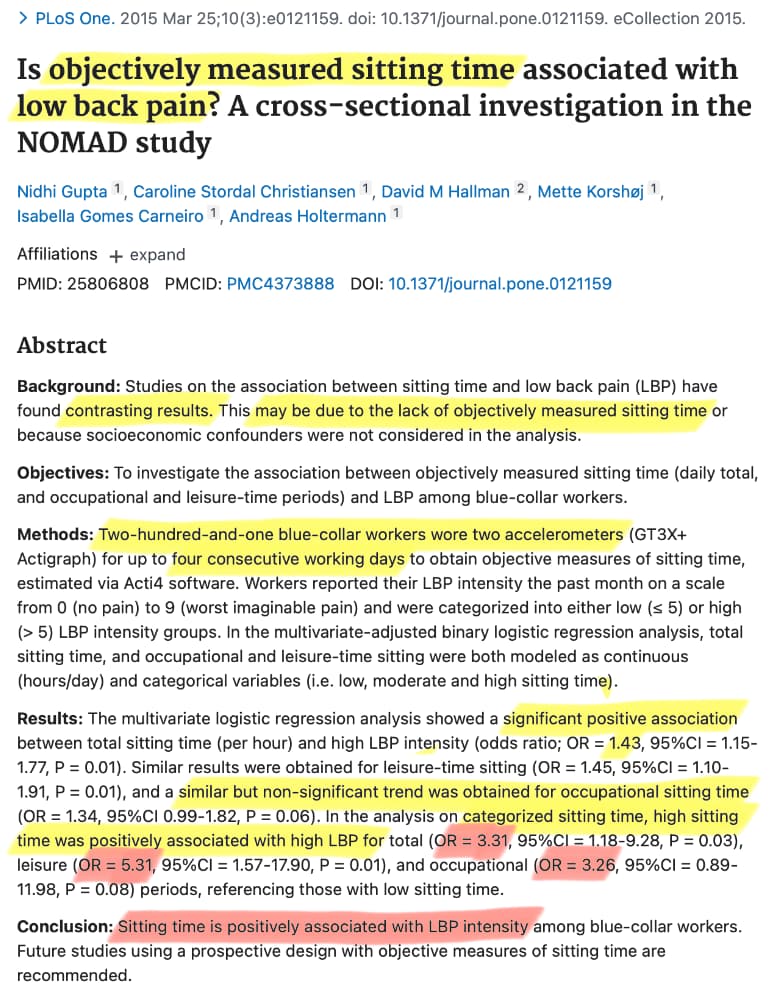 Screenshot of the abstract for Gupta et al., with several phrases highlighted in yellow and red, most notably the conclusion: “Sitting time is positively associated with LBP intensity among blue-collar workers.”