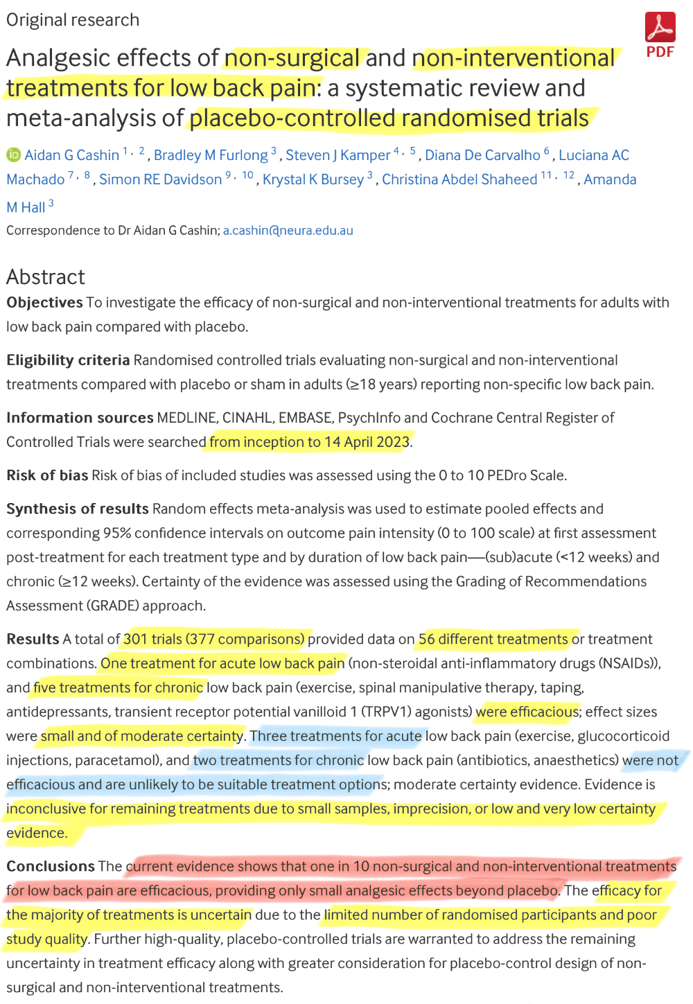 Screenshot of the abstract of Cashin et al., with several phrases highlighted, mostly notably the conclusion: The current evidence shows that one in 10 non-surgical and non-interventional treatments for low back pain are efficacious, providing only small analgesic effects beyond placebo.