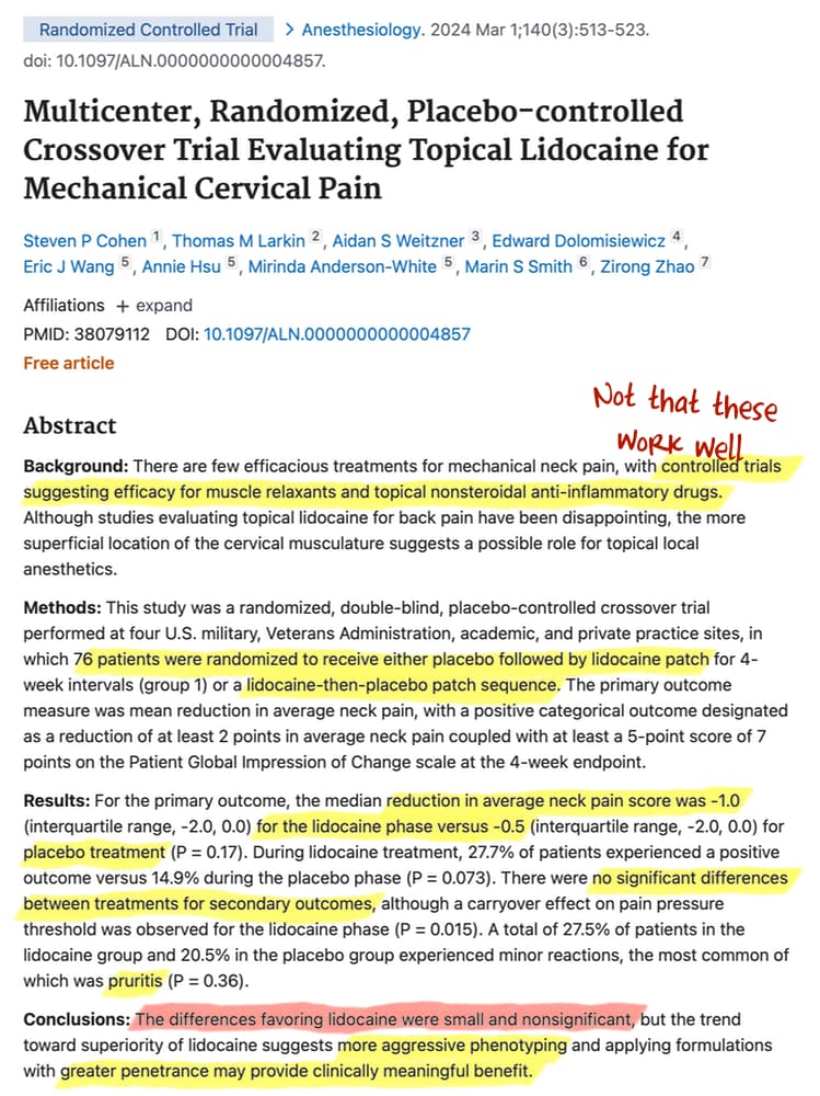 Screenshot of abstract for Licciardone et al. with several phrases highlighted in yellow and a couple in red, most notably: “The differences favoring lidocaine were small and nonsignificant.” There’s also a hand-written note beside a highlight phrase suggesting that muscle relaxants and topical NSAIDs are known to be efficacious: “not that these work well.”