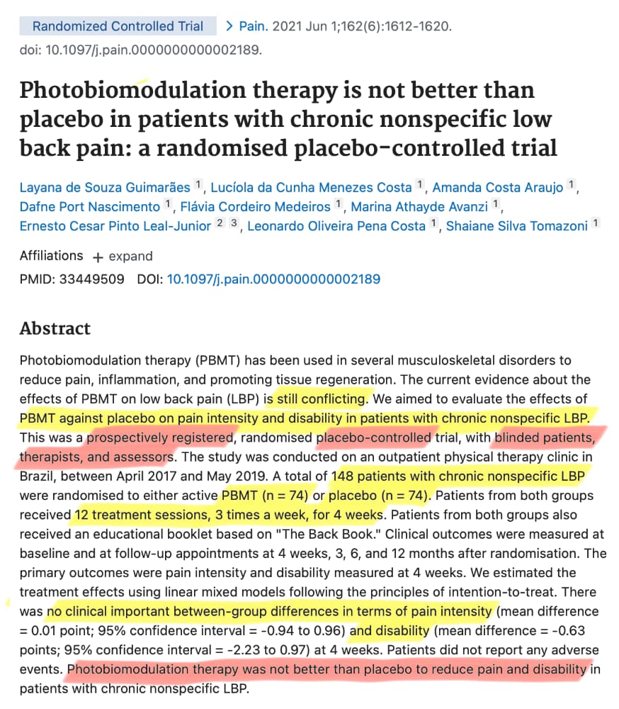 Screenshot of a abstract for a scientific paper by Guimarães et al. with several phrases highlighted in yellow and red, most notably “This was a prospectively registered, randomised placebo-controlled trial, with blinded patients, therapists, and assessors” and “Photobiomodulation therapy was not better than placebo to reduce pain and disability.”