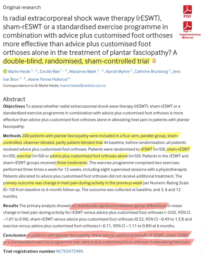 Screenshot of a scientific paper abstract with several phrases highlighted, most notably: “In patients with plantar fasciopathy, there was no additional benefit of rESWT, sham-rESWT or a standardised exercise programme over advice plus customised foot orthoses in alleviating heel pain.”