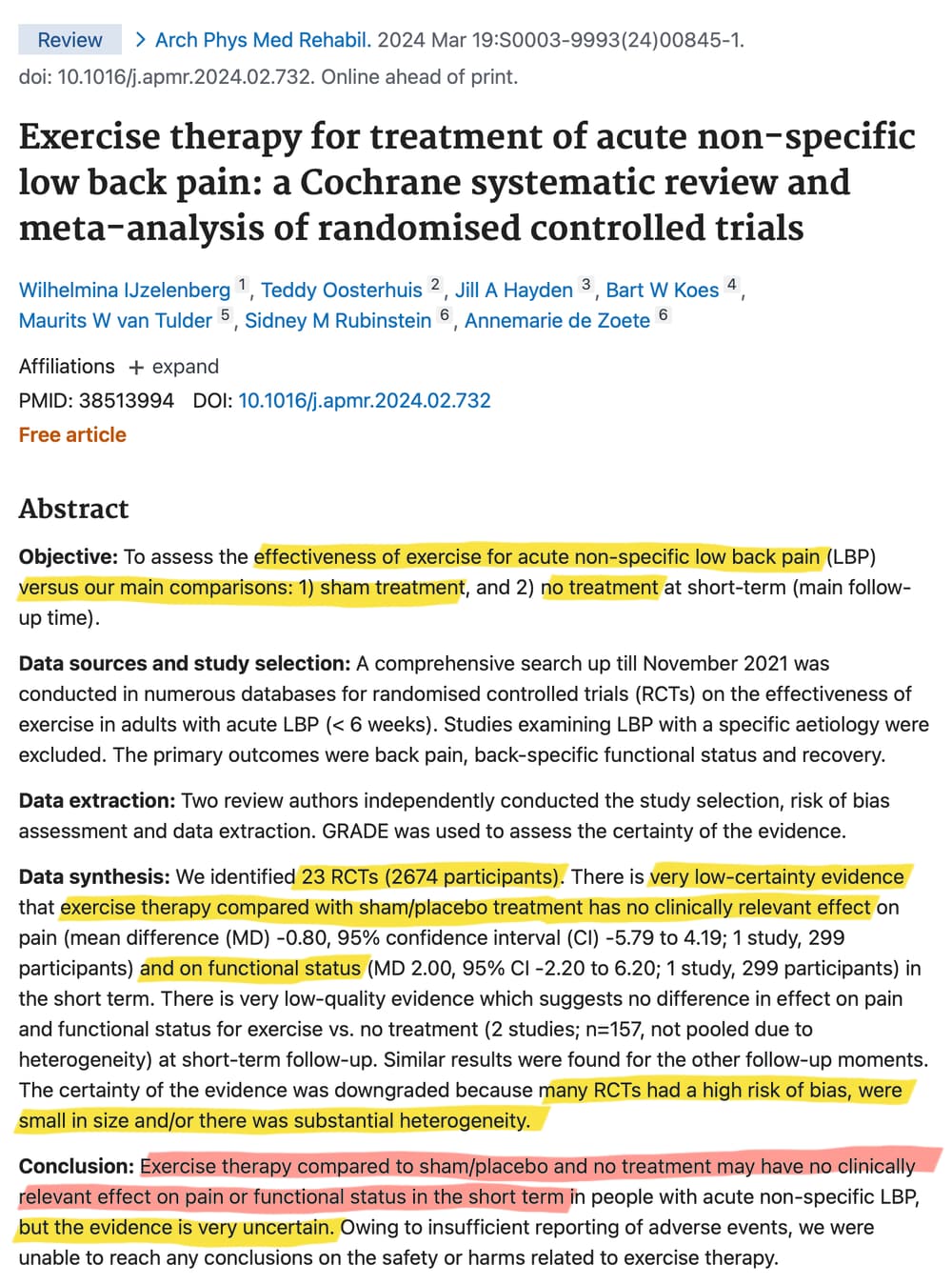 Screenshot of abstract for IJzelenberg et al. 2024, with several phrases highlighted in yellow, and one in red: “Exercise therapy compared to sham/placebo and no treatment may have no clinically relevant effect on pain or functional status in the short term in people with acute non-specific low back pain.”