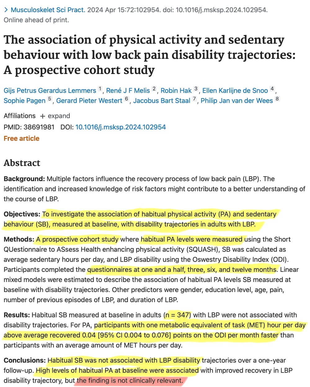 Screenshot of abstract for Lemmers et al. 2024, with several passages highlighted, most notably in the conclusions: “Habitual SB was not associated with LBP disability trajectories” and “High levels of habitual PA at baseline were associated with improved recovery in LBP disability trajectory, but the finding is not clinically relevant.”